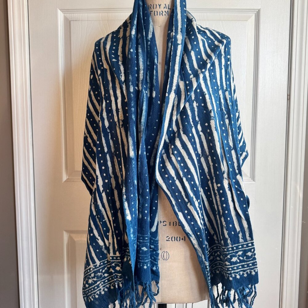 Large Mudcloth Print Woven Blanket Scarf By Paz Collective Shawl Cotton Indigo - Picture 5 of 10